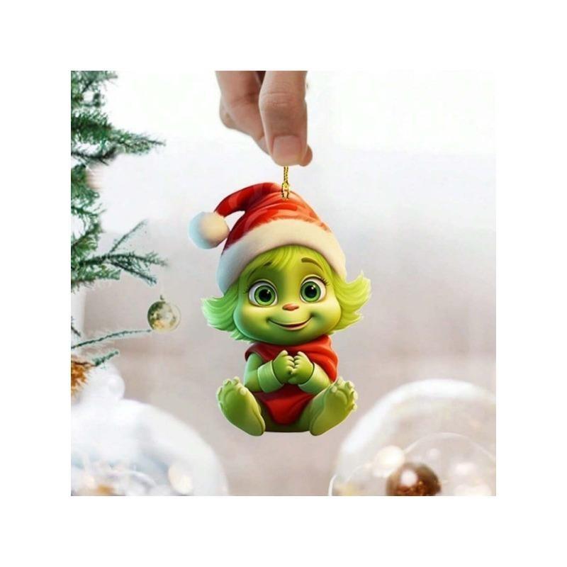 Acrylic Flat 2D Christmas Tree Pendant, Mirror Green Hair Monster - for Holiday Decorations, Halloween, Thanksgiving Flat Christmas Tree Pendant