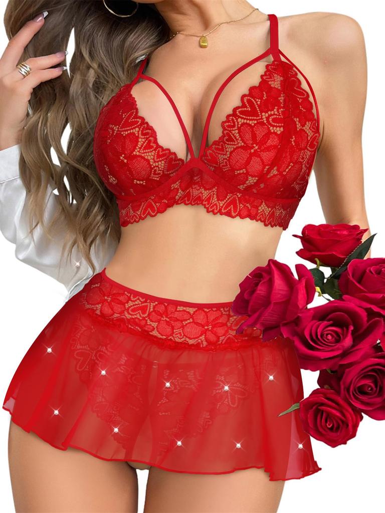 Sexy Mini Skirt with Thong Floral Lace Sheer Bralette Lingerie Set 3 Piece Otufits