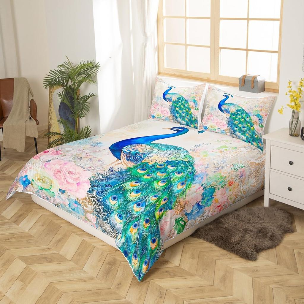 Feelyou Peacock Duvet Cover Twin Size Kids Peacock Feathers Design Floral Comforter Cover Set for Boys Girls Teens Animal Theme Bedding Set