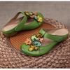 Johnature Retro Genuine Leather Colored Flower Round Toe Slippers Soft Soled Low Heel Comfortable Women's Slides