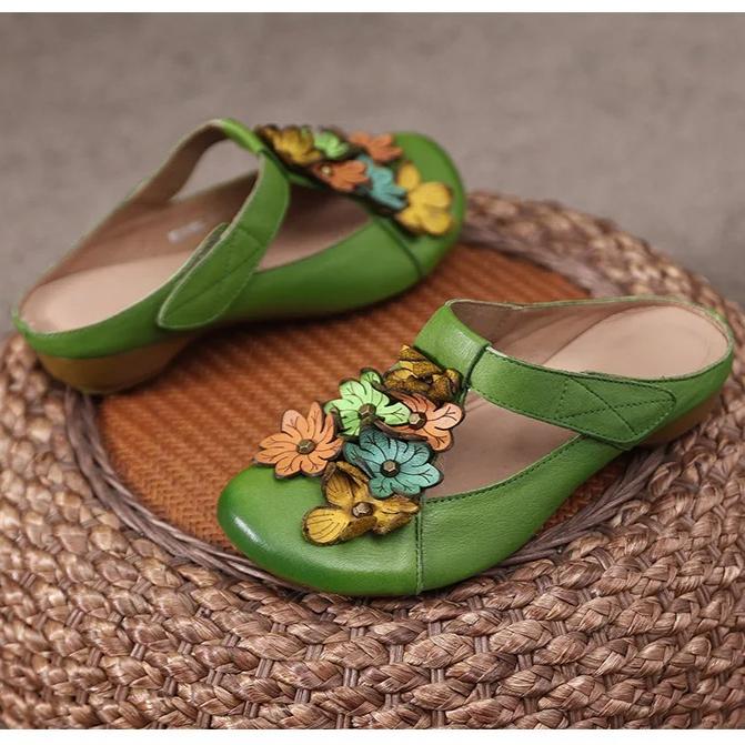 Johnature Retro Genuine Leather Colored Flower Round Toe Slippers Soft Soled Low Heel Comfortable Women's Slides