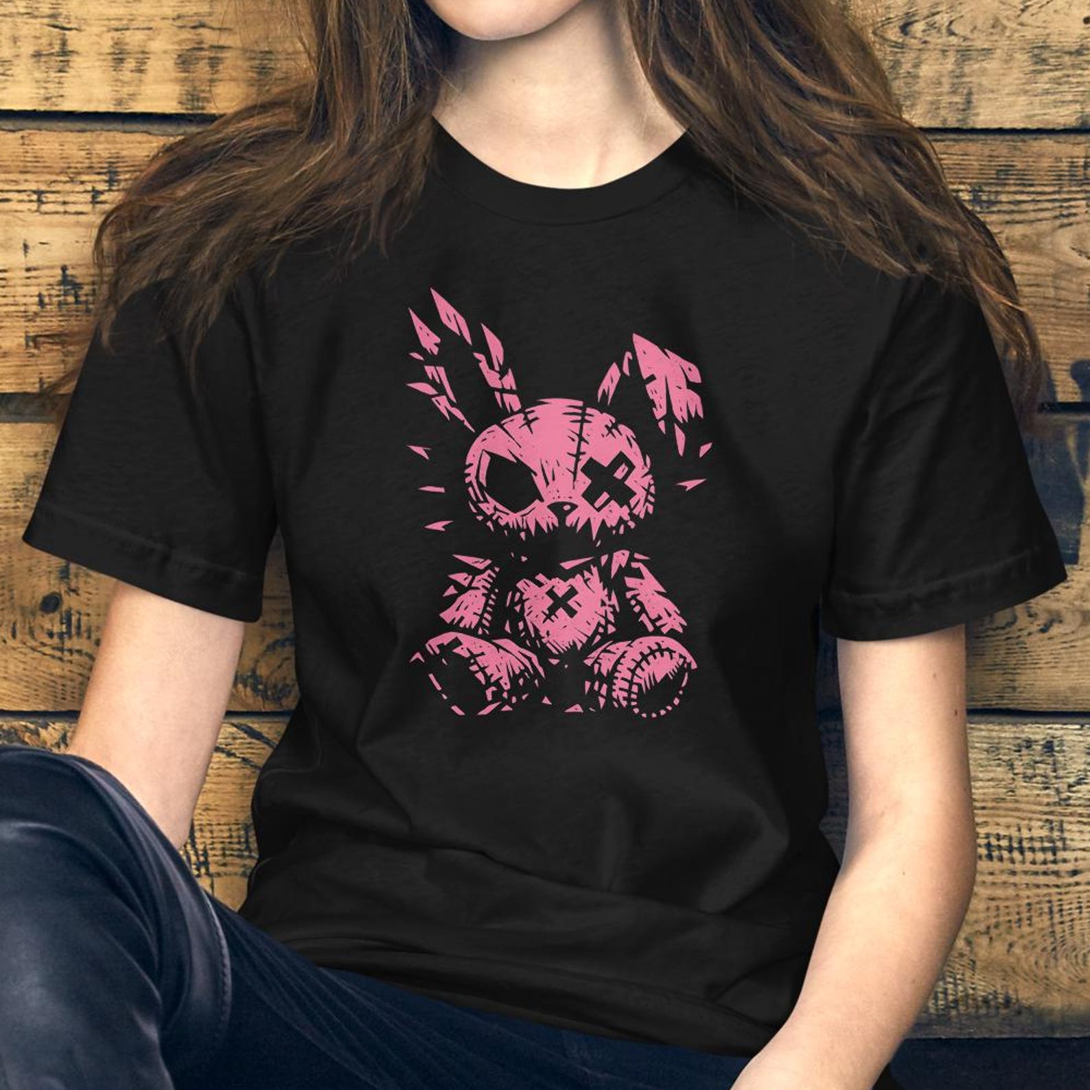 Pink Gothic Plush Bunny Shirt, Distressed Grunge Stuffed Animal Graphic Tee S