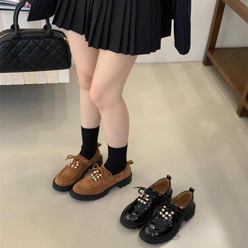 Muffin platform loafers women's 2025 autumn new versatile lace-up single shoes small people increase height British small leather shoes