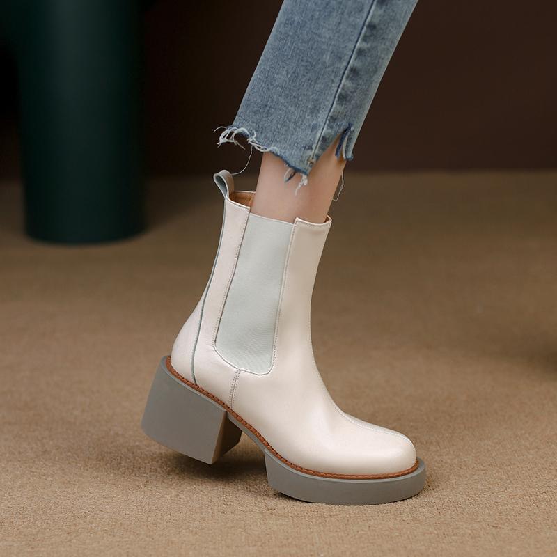Qirui shoes Thick-soled Chelsea boots, leather inside and outside, simple and elegant