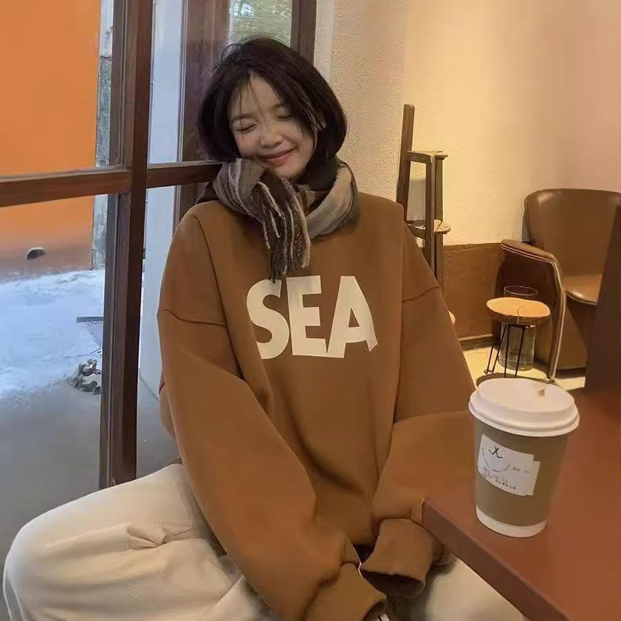 Women's Crew Neck Long Sleeve Sweatshirt Oversized Loose Letter Print Fleece Lined Casual Pullover For Autumn