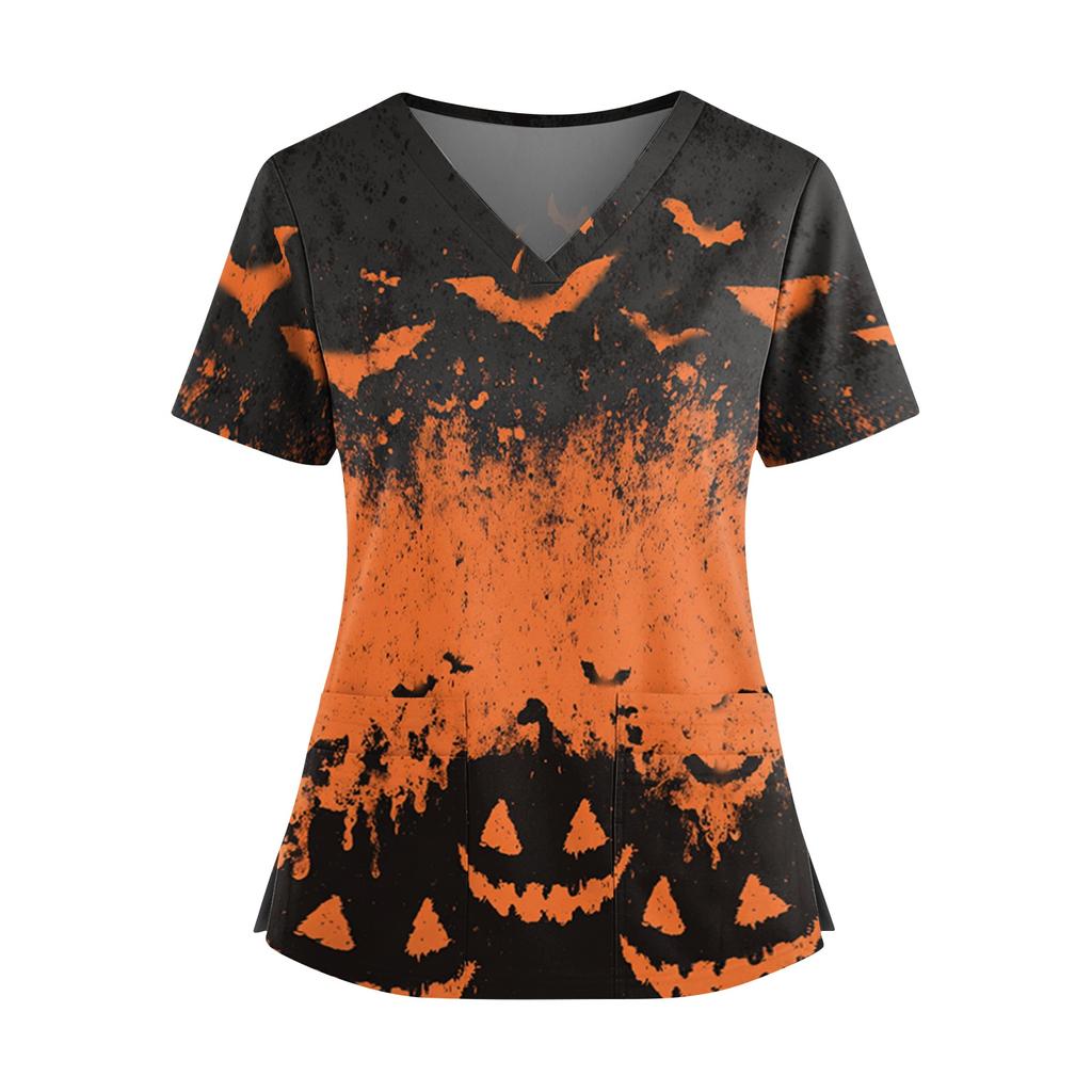 Women V Neck Short Sleeve Top with Dual Side Slits and Pockets Halloween Themed Printed Shirt for Professional Use
