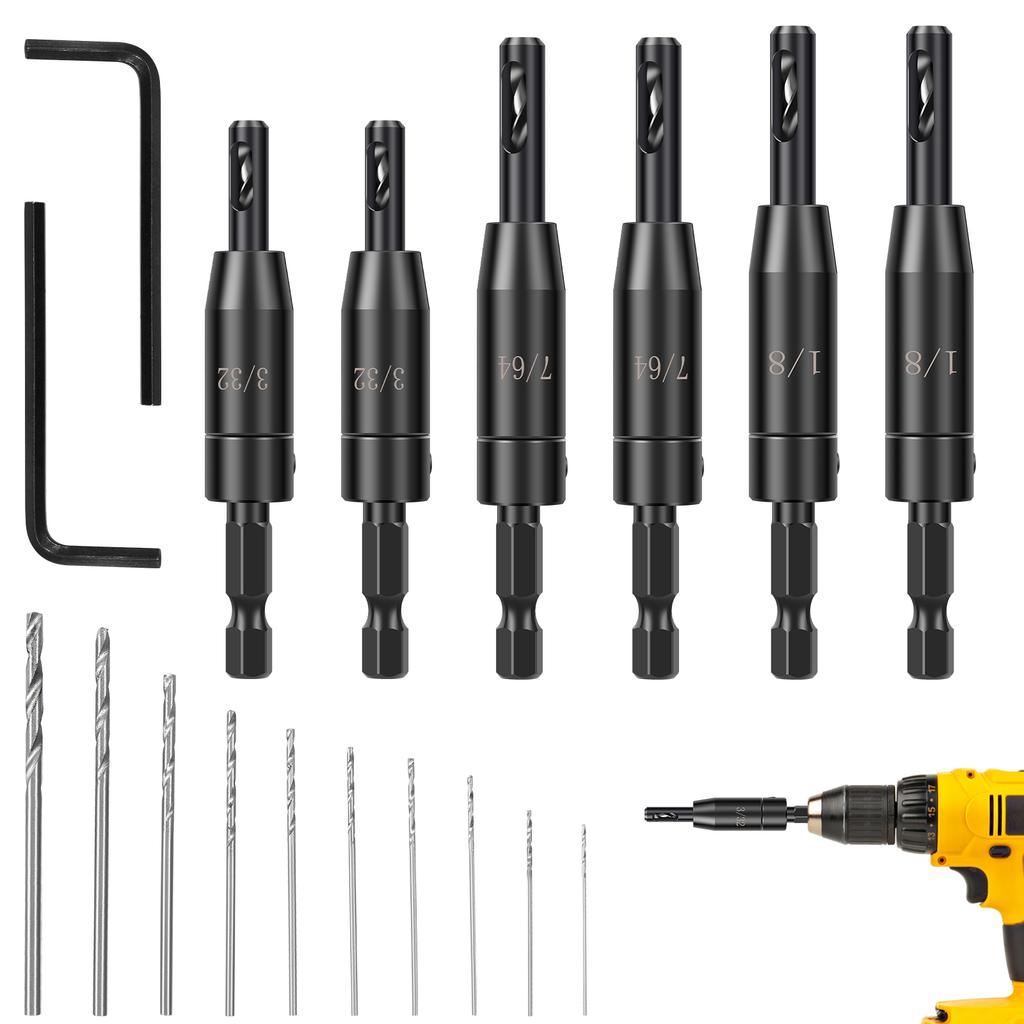 Self Centering Hinge Drill Bit Set with 10 Twist Drill Bits 1/4” Quick Change Hinge Center Drill Bits Hex Key for Woodworking