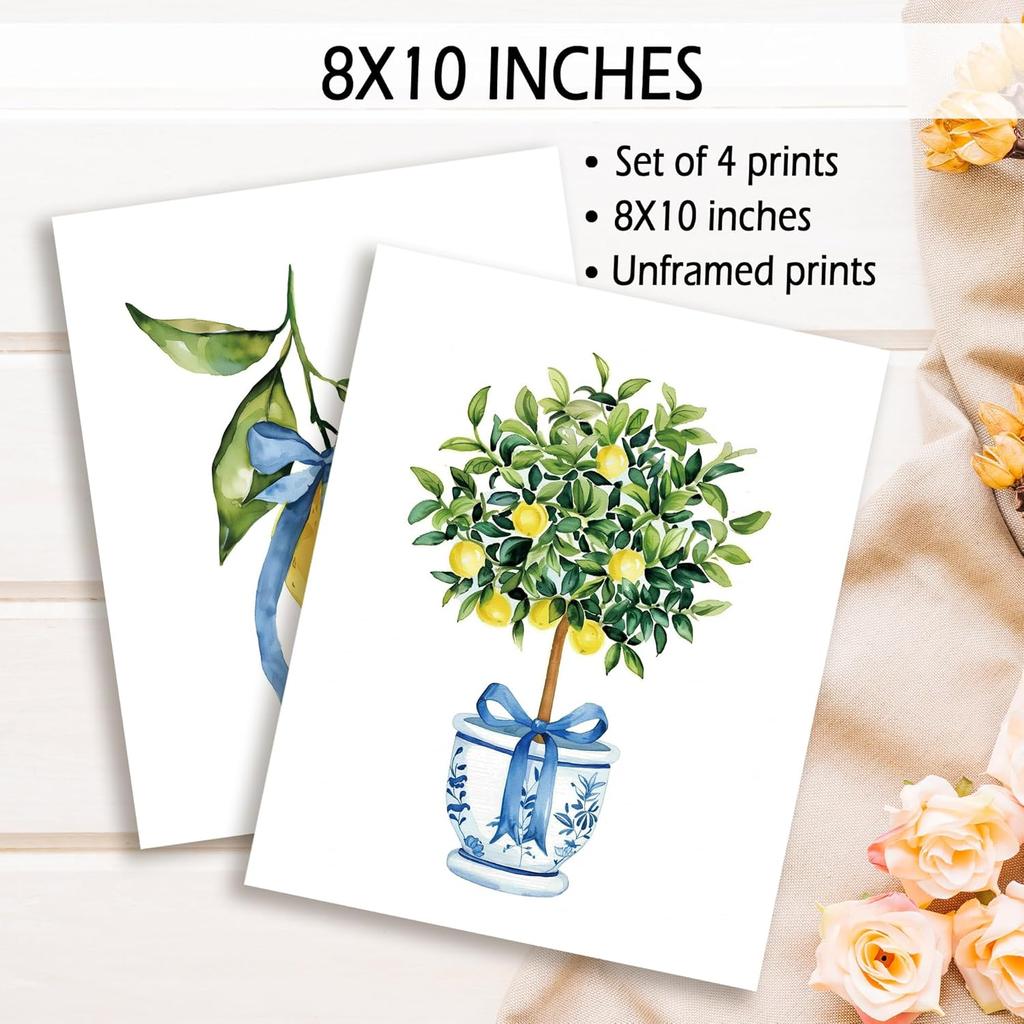 KSDUT Chinoiserie Vase Wall Art Decor Set of 4 - Lemon Tree Bows Artwork Poster Prints Blue and White Coquette Preppy Trendy Wall Decor for Home