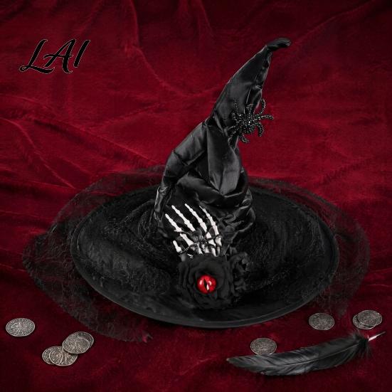 Dark Style Gift for Women Halloween Witch Hat Women Gothic Spider Web Mesh Skeleton Hand Pleated Lace Wizard Rose Flower Costume Cosplay Party