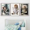 Funny Bathroom Wall Decor Animals Sitting On The Toilet Reading A Newspaper Poster Elephant Lion Rhino Art Print Canvas Painting