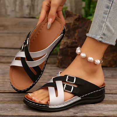 Women's Chic Summer Wedge Sandals - Easy Slip-On, Thick Sole, Open Toe with Adjustable Buckle Straps, Anti-Slip Beach Shoes Strappy Sandals
