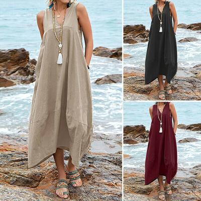 Elegant Long Sleeveless V-Neck Side Slit Women's Dress Summer  Fashion Casual Loose Waist Ankle-length