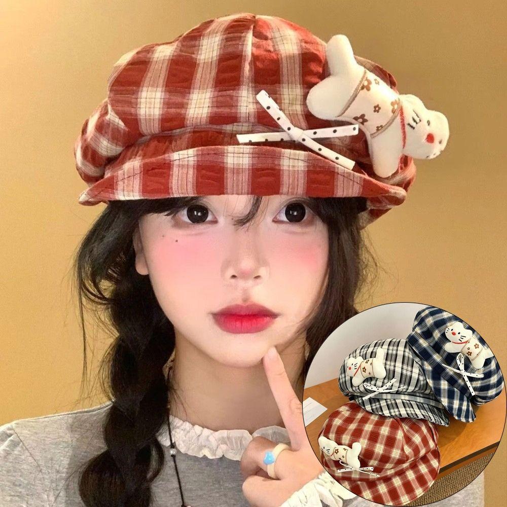 Cute Face Slimming Plaid Beret Hat Thin Design Sun Protection Octagonal Cap Y2K Newsboy Hat Women's Fashion