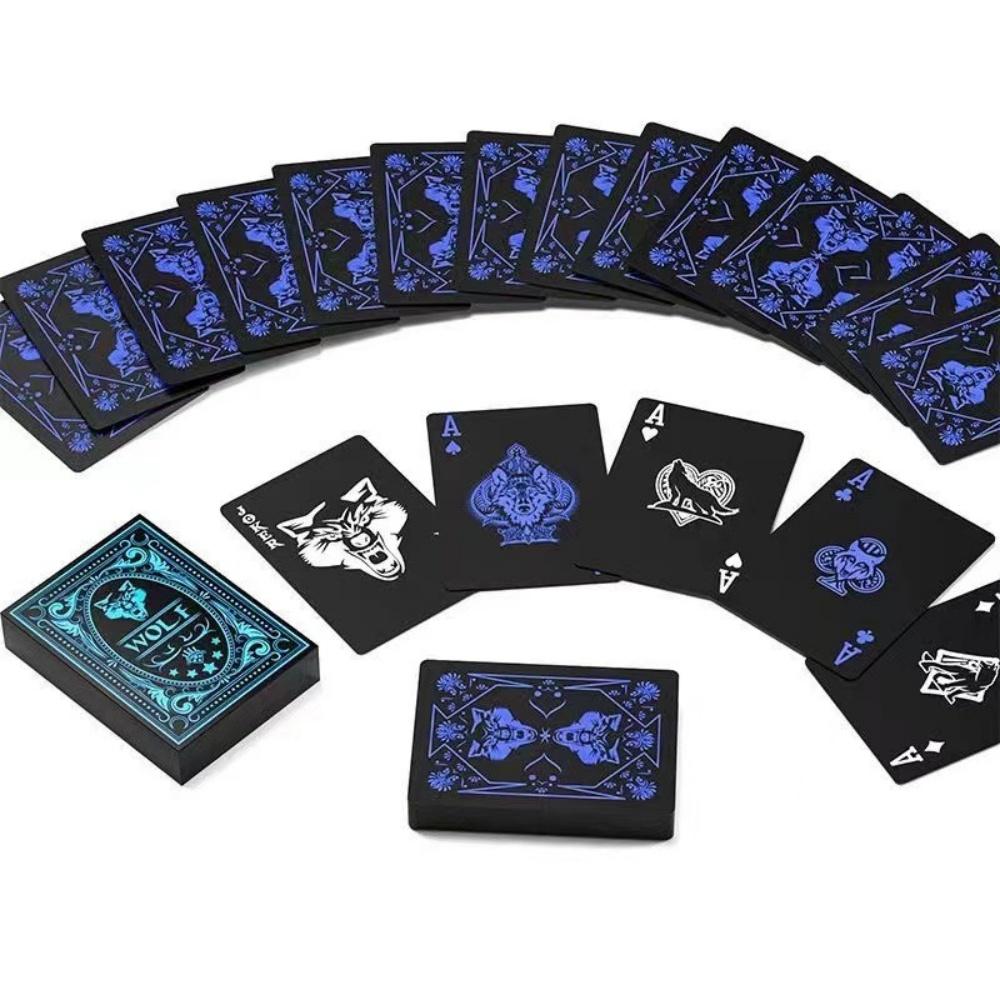 Nowe Wodoodporne Plastikowe Karty do Gry - Czarno-Niebieski Wzór Wilka Zestaw Pokerowy Do Texas Hold'Em, Gier Planszowych i Imprez