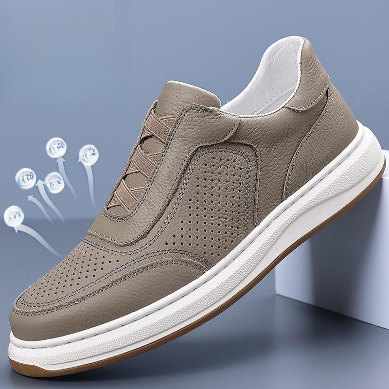 Fashion Men's Slip on Leather Shoes Autumn New Hollow Breathable Fashion Casual Shoes Comfortable Height Increase Outdoor Non Slip Flats