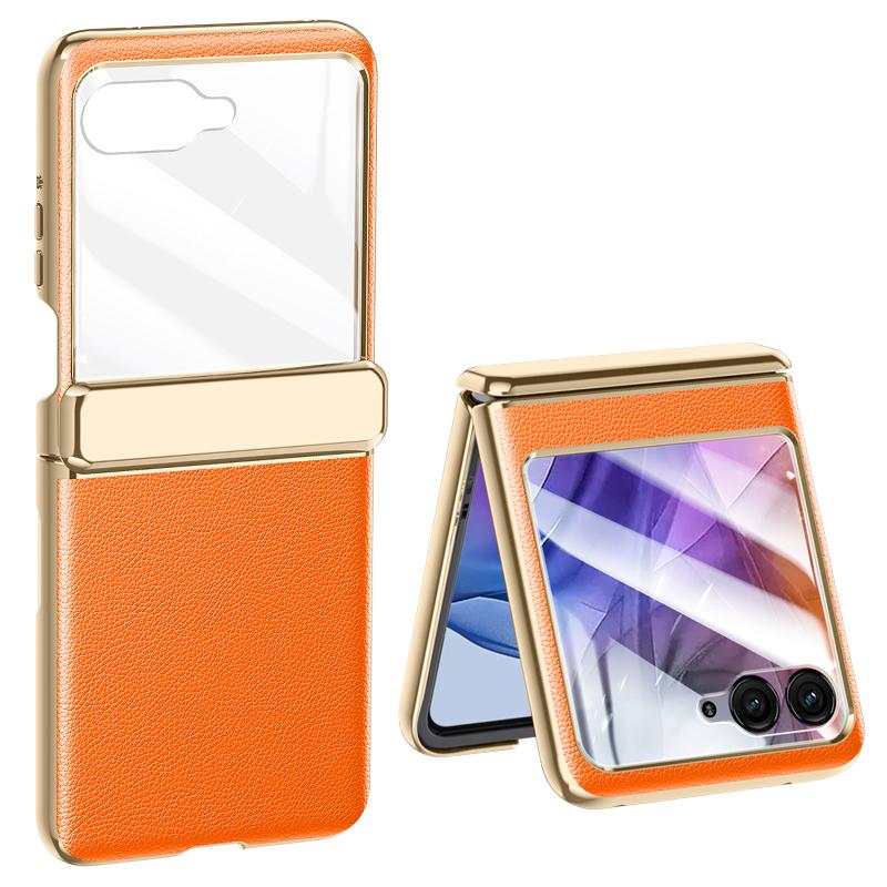 

For Motorola Razr 50 5G Case Electroplated PU Leather+PC Phone Cover with Rear Small Screen Protector Orange