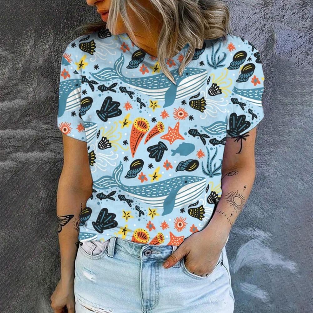 Women's T-Shirts Seahorse Fish Scallop 3D Print O-Neck Short Sleeve T Shirt Harajuku Tops Oversized Y2k Tees Female Clothing