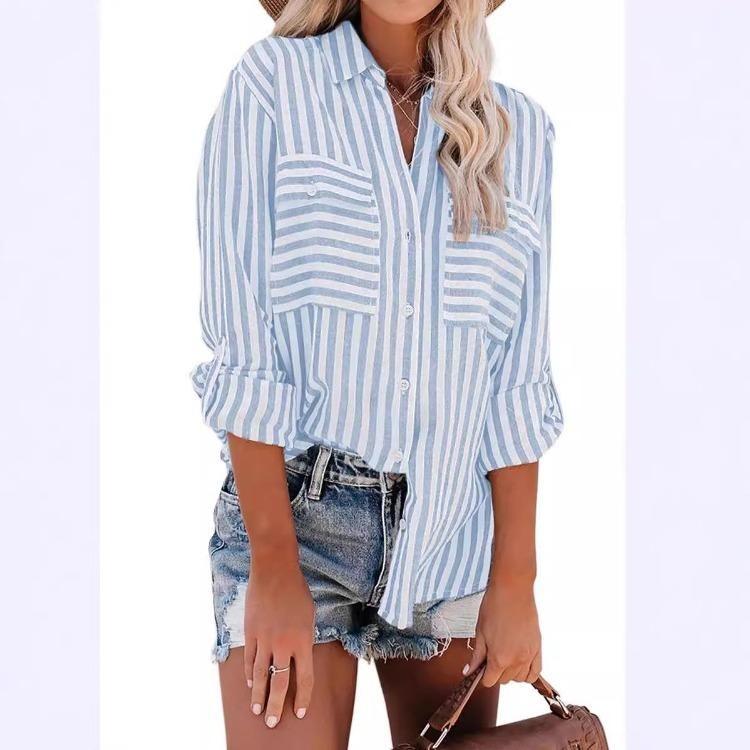 2024 Summer Women's Fashion Striped Long Sleeve Shirt Cotton Polyester Blend