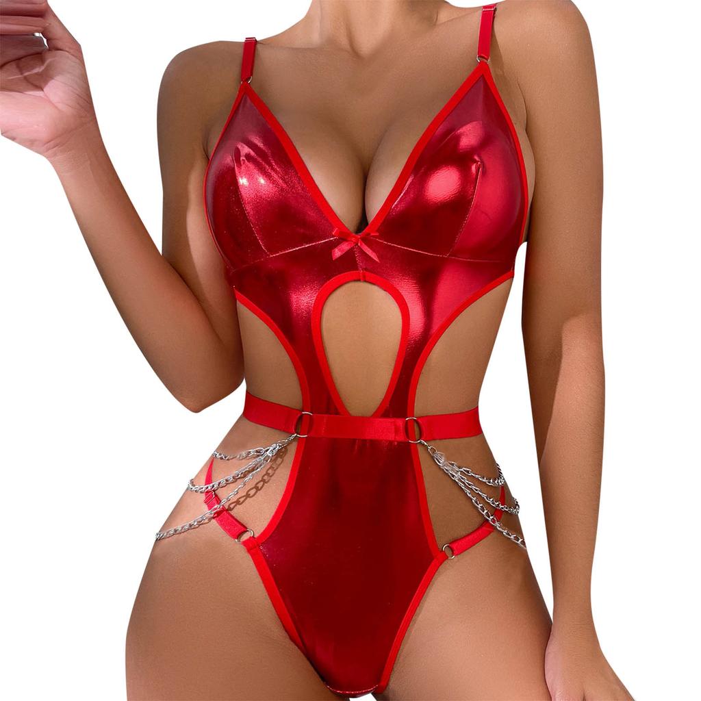 Porn Sexy Lingerie Latex Bodysuit Women Underwear Hollow Out PU Leather Bodysuit Erotic Lingerie Chain Bondage Teddy Bodys Mujer