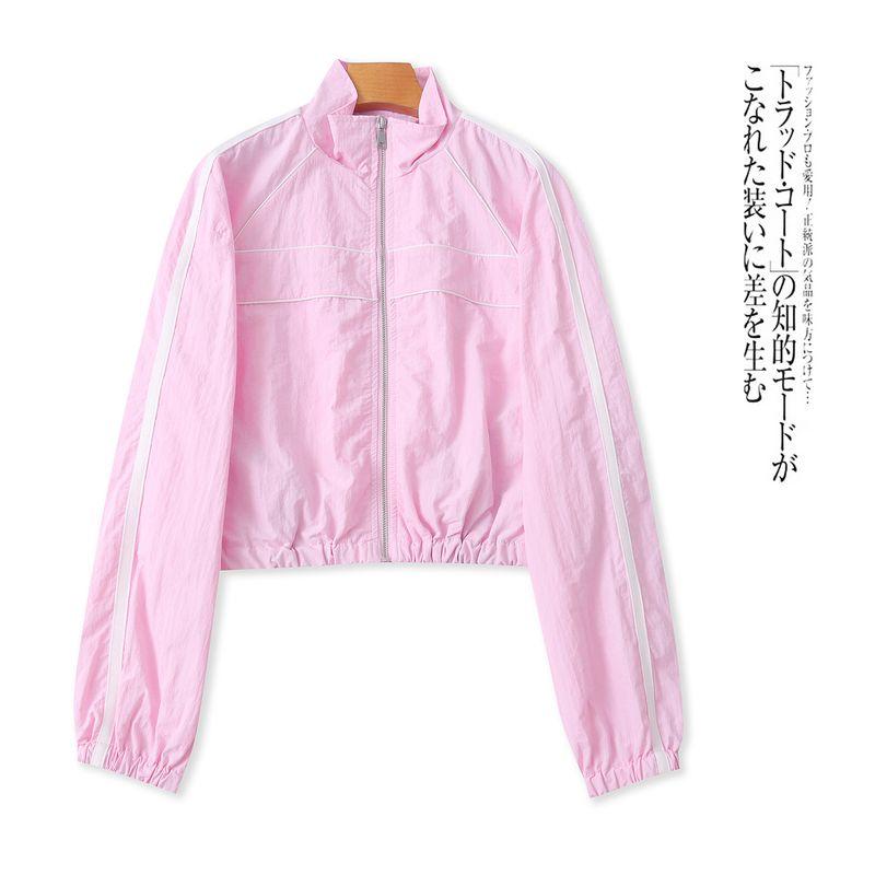 

Leisure Outerwear Autumn New Foreign Trade Women clothes Fashion Stand Collar Zip-up Long sleeve Side Strip Stitching Jacket Top 31887 Pink B- 6-8-4 L