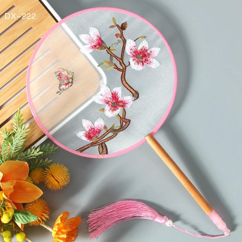 Antique Embroidery Circular Fan Chinese Style Cheongsam Fan Women's Double-Sided Embroidered Transparent round Long Handle Ancient Chinese Clothing