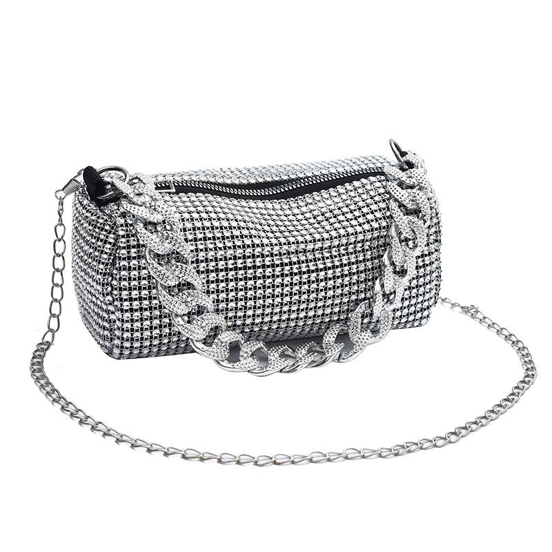 

Full diamond bag women s spring and summer new hot diamond banquet bag texture chain rhinestone shoulder messenger bag срібний