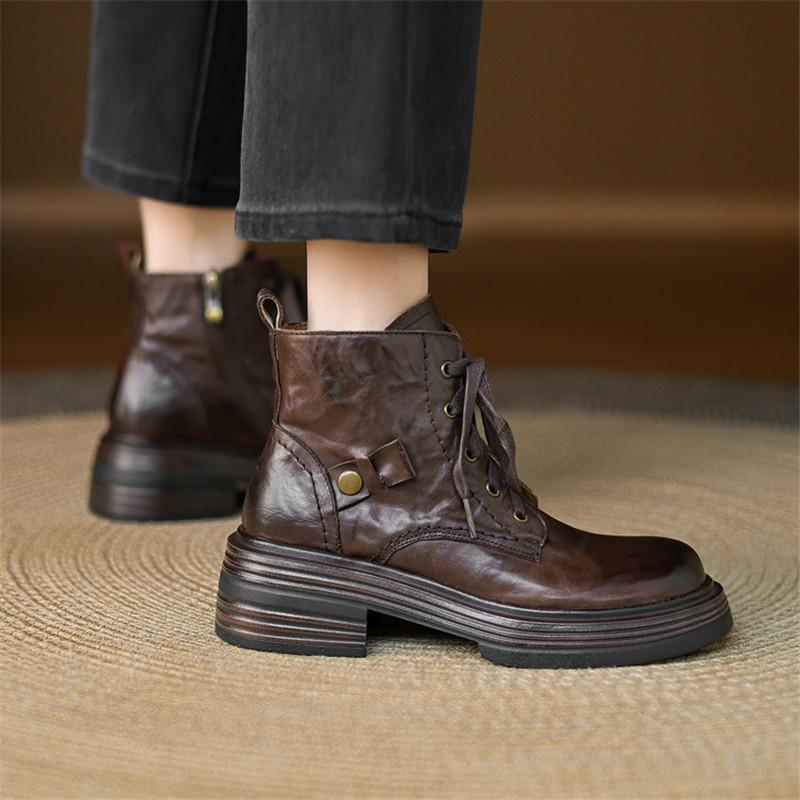 Fashion New Autumn/winter Genuine Leather Women Boots Round Toe Platform Shoes for Women Fashion Boots High Heels Lace Work Boots