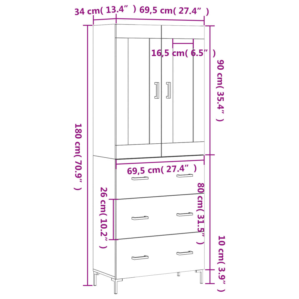 Highboard White 69.5 x 34 x 180 cm Particleboard