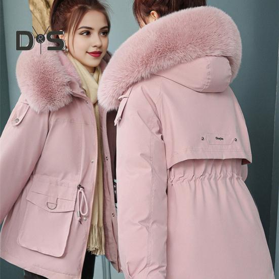 Women Winter Coat Thick Plush Furry Hooded Long Sleeves Pockets Drawstring Waist Zip-up Windproof Mid Length Overcoat Outdoor Outwear