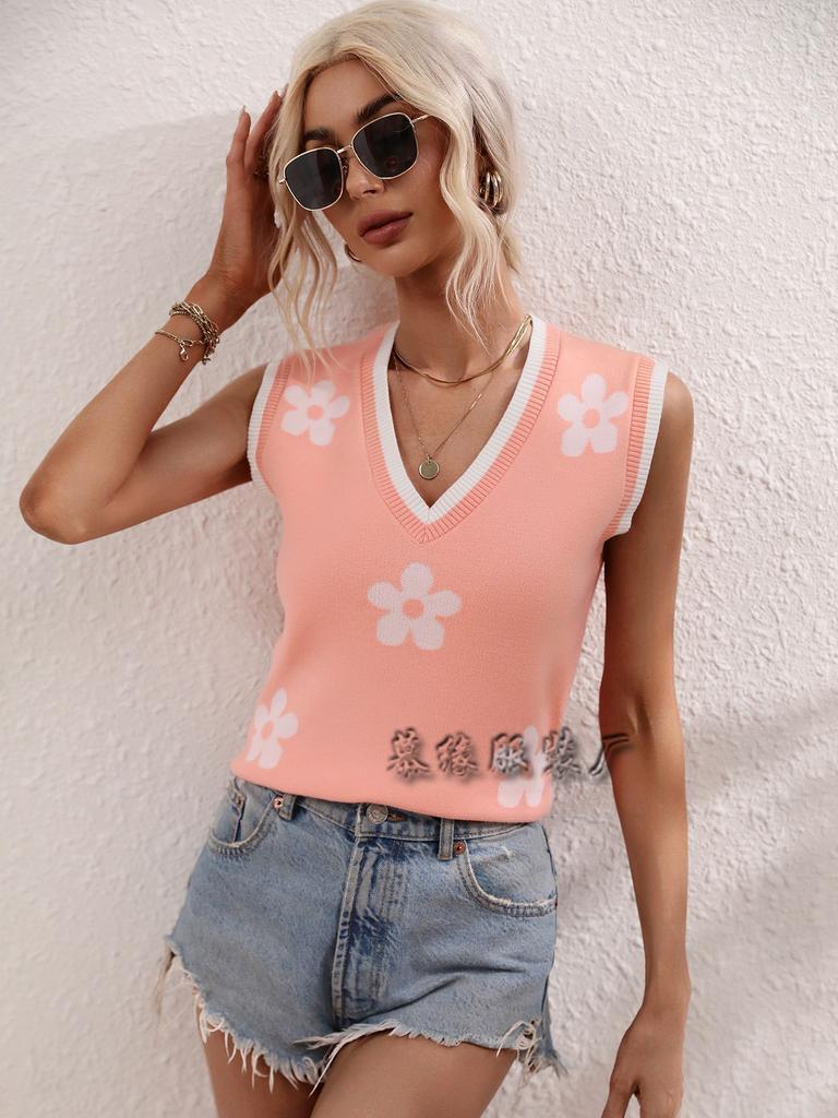 Women's printed V-neck sleeveless knitted floral pullover sweater