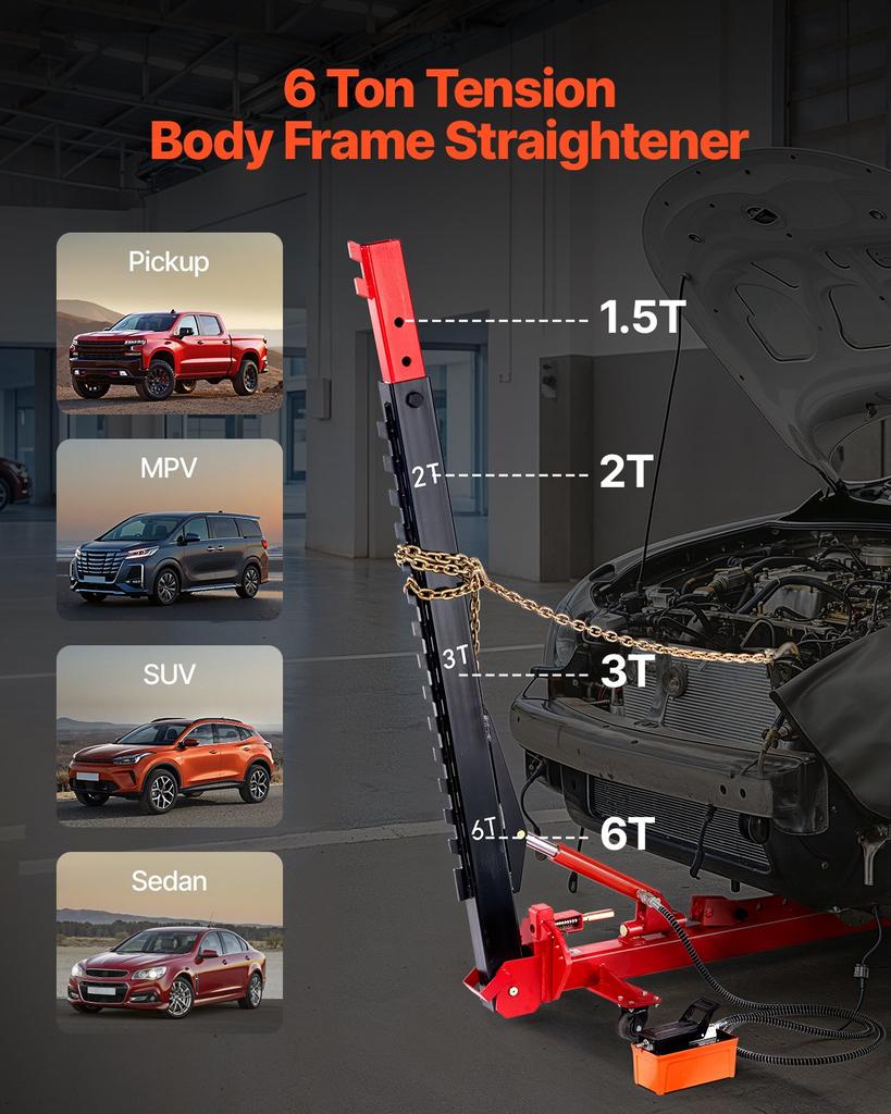 VEVOR Auto Body Frame Puller Straightener, 6T Tension Car Body Repair Equipment with 6000PSI Hydraulic Foot Pump & Swivel Post