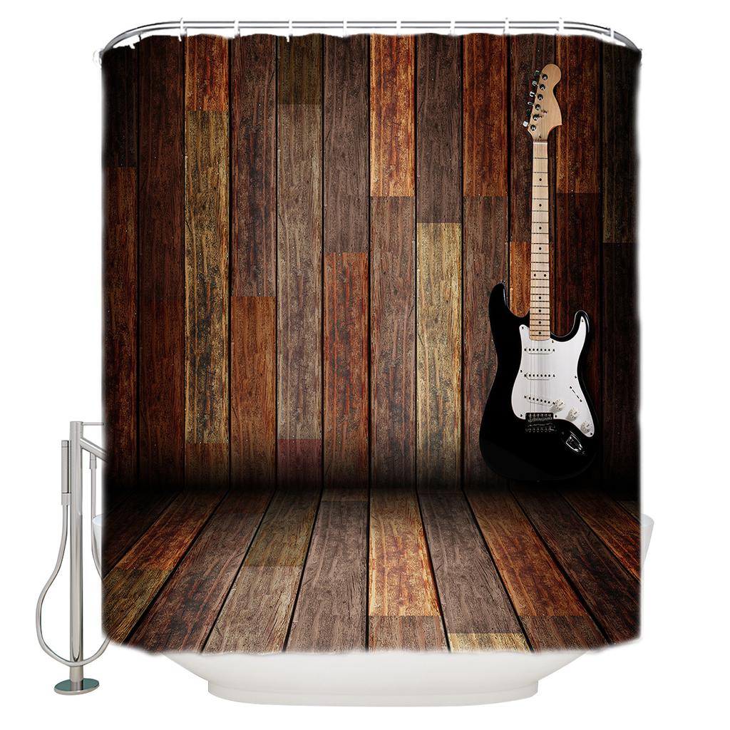 Music Decor Electric Guitars On Lighted Wooden Floor Shower Curtains Polyester Fabric Waterproof Bath Curtain Shower Curtain