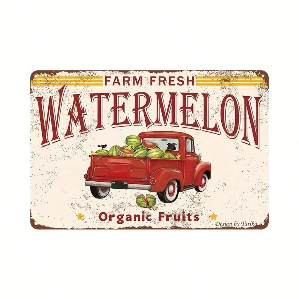 Vintage Farm Fresh Watermelon Metal Sign, Rustic Farmhouse Wall Decor, Weather-Resistant Indoor Outdoor