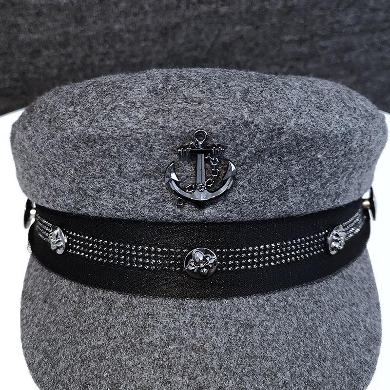 Winter hat new female tide Internet celebrity navy hat autumn and winter woolen rivet beret flat hat