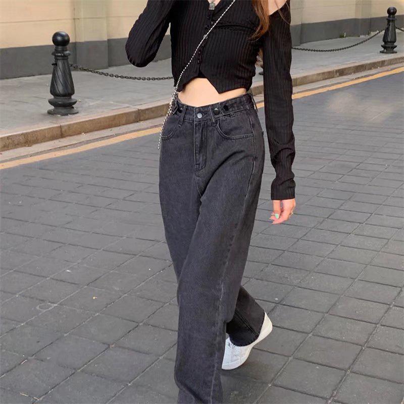 Women's Black High-Waist Wide-Leg Jeans - Loose Fit, Floor-Length, Casual & Versatile for Spring & Fall 2023 Trend
