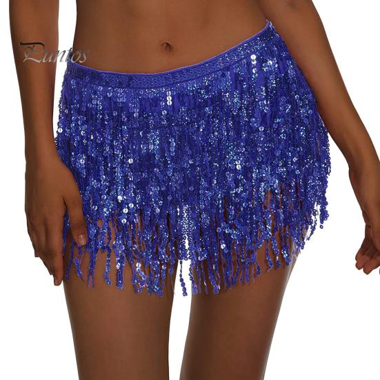 

Юбка для танца живота с пайетками и кисточками, блестящая юбка с бахромой средней посадки, однотонная юбка для танцевальных вечеринок и выступлений синий
