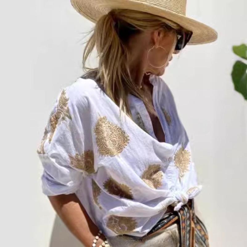 

Летняя новая женская рубашка с длинным рукавом на пуговицах с лацканами и графическим принтом XXXL