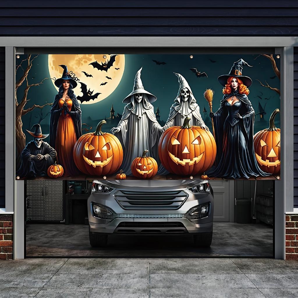 Halloween Garage Banner - - - Fantasy Witch and Skeleton Patterns, Bright Polyester Material, Outdoor Wall Decoration