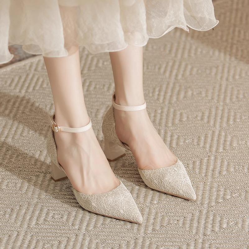 

Мода 2025 Новые Элегантные Свадебные Туфли Высокий Каблук Женские Туфли Каблуки Невесты Ремешок на Щиколотке Острый Носок Кристалл Женская Обувь Лето 41 абрикосовый