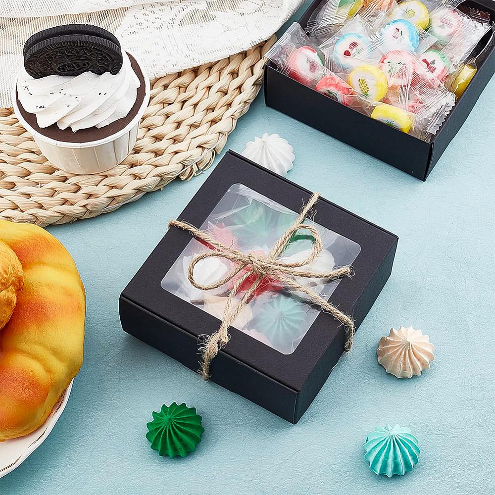 20pcs Paper Candy Boxes Bakery Box with PVC Clear Window for Party Wedding Baby Shower Square Black 9.5x9.5x3.5cm