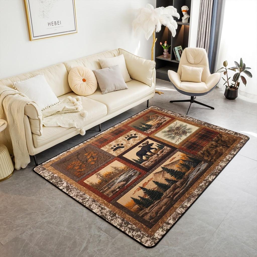 Erosebridal Rustic Cabin Lodge Area Rug 6'6" x 4'11" for Bedroom Living Room Playroom,Hunting Bear Deer Carpet,Southwestern Aztec Decorative