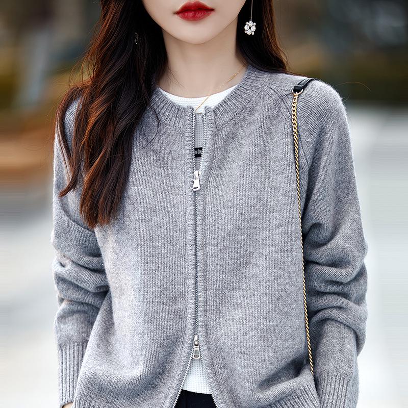 Women's 100% Wool Round Neck Knit Cardigan - Double Zipper, Solid Color, Loose Fit, Casual Fashion, Short Length