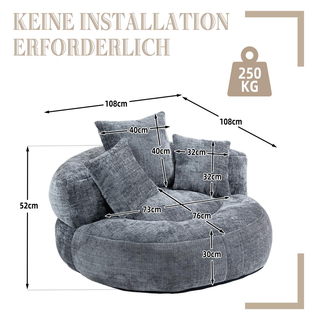 Lazy Sofa High Back Bean Bag Chair Couch with Three Cushions for Adults and Children, Single Gaming Sofa Chair for Bedroom, Office (Gray Chenille)