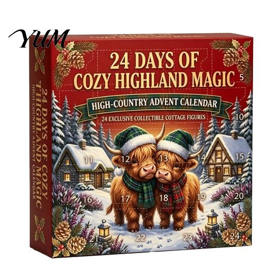 Christmas Advent Calendar 24 Days of 3D Highland Cow Calendar, Cute Farm Day Countdown Box Cattle with Mini Figurines Collectibles for Holiday