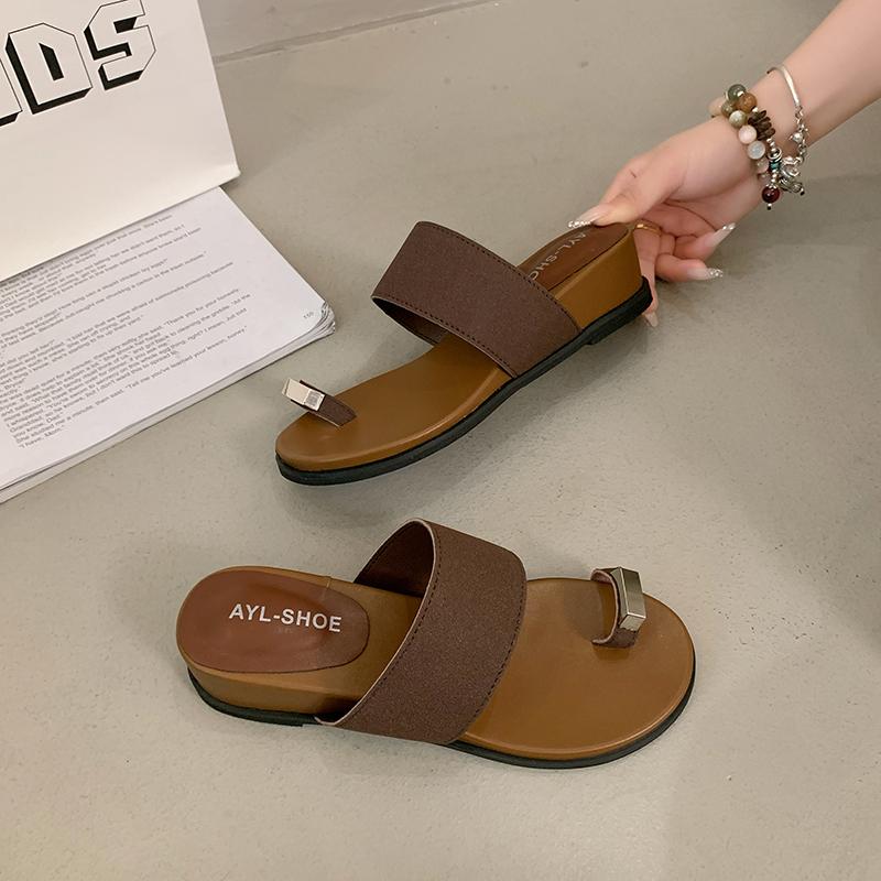 Fashion Fashion Metal Ladies Flats Slippers Sandals Round Toe Female Summer Beach Flats Slides Slippers Shoes for Women Flip Flops