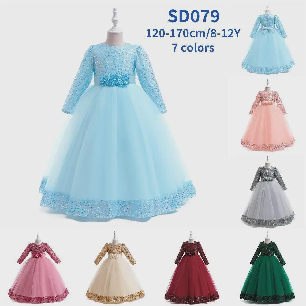 2024 Girls' Sequin Long Sleeve Evening Dress for Catwalk and Events