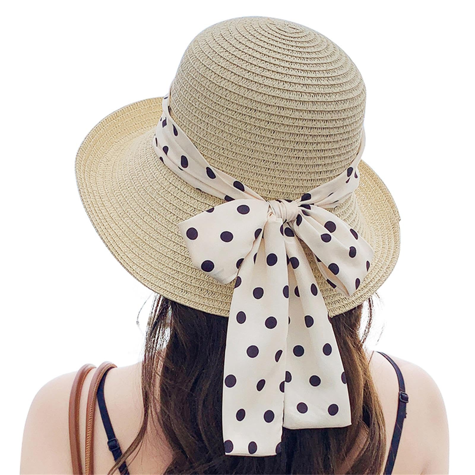 

Actress Hat for UV Foldable Straw Polka Dot Cute Face Slimming Popular Straw Sunburn Swimming [Lhyxuuk] Women, Protection, Hat, Hat, Pattern, Ribbon, бежевий