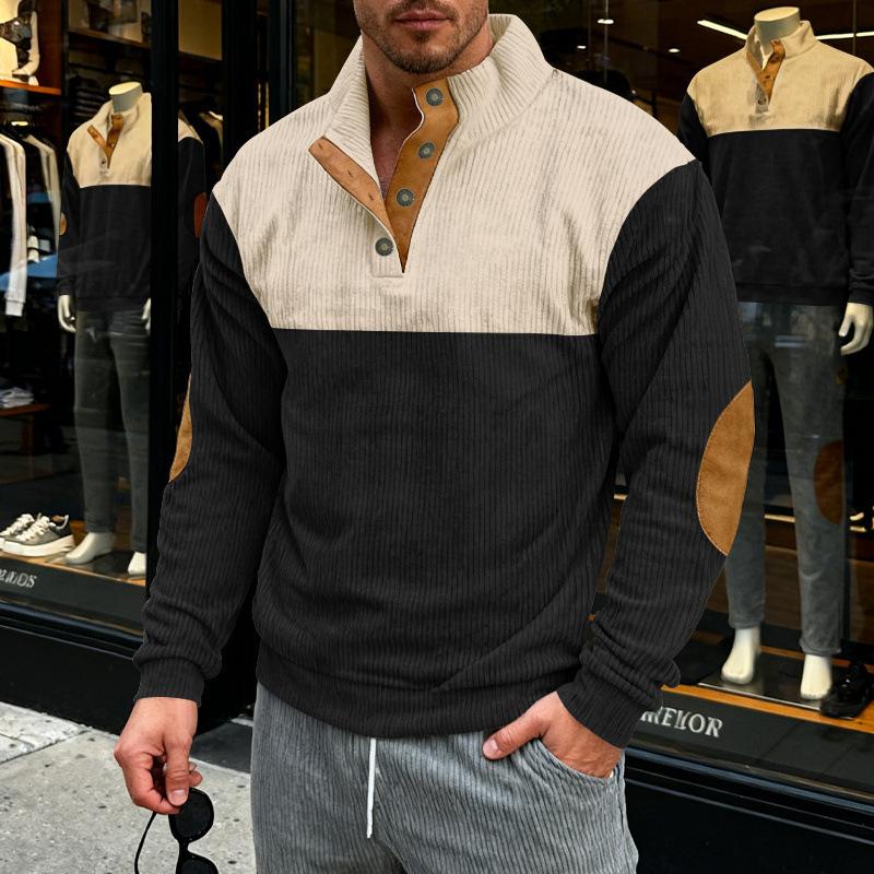 Men's Corduroy Color Block Henley Shirt Casual Button-Up Stand Collar Pullover with Elbow Patches