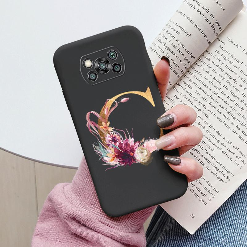 Letter Case For Poco X3 NFC PocoX3 Pro Back Cover Retro Flowers Pink Black Soft TPU Initial Fundas For Xiaomi Poco X 3 Pro Coque