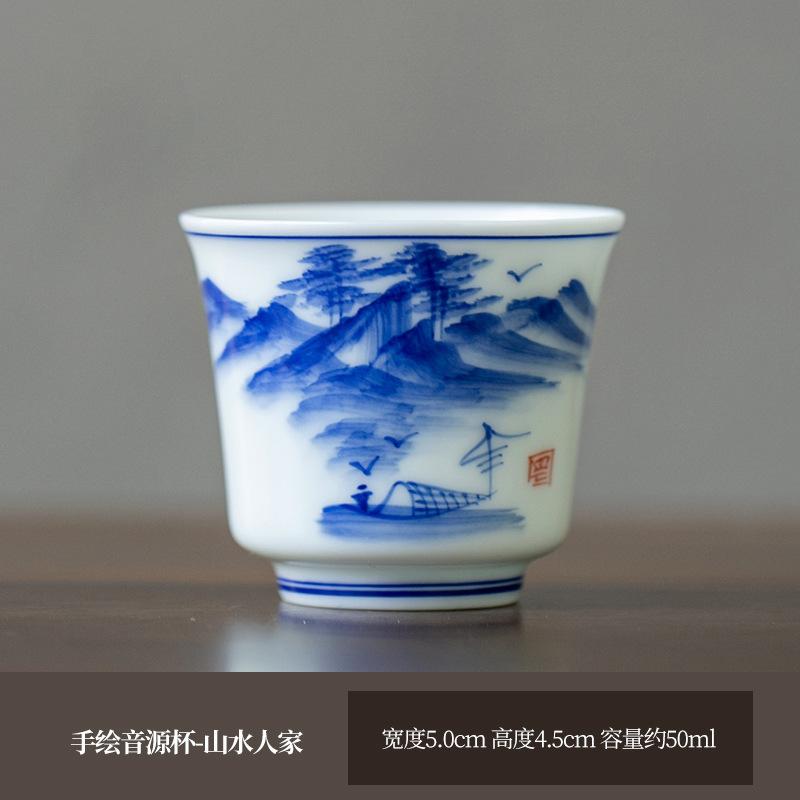 

50ml Hand-painted Blue And White Landscape Teacups Ceramic Master Cup Chinese Kung Fu Gongfu Tea Cup Household Tasting Teaware About 50ml